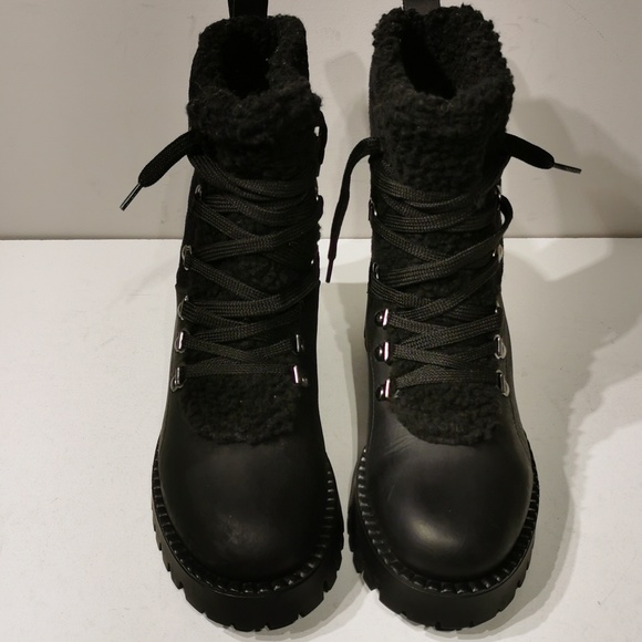 Bootlegger Black Military Combat Lace Up Sherpa Leather Boots - Picture 4 of 10